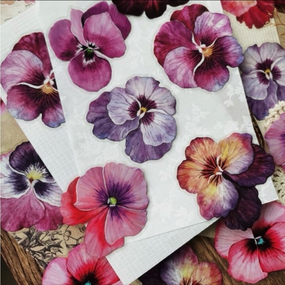 New! Beautiful Large Pansy Floral Purple and Pink Stickers Set of 20